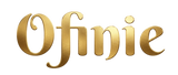 The word 'Ofinie' is shown in a stylized metallic gold font on a plain white background.